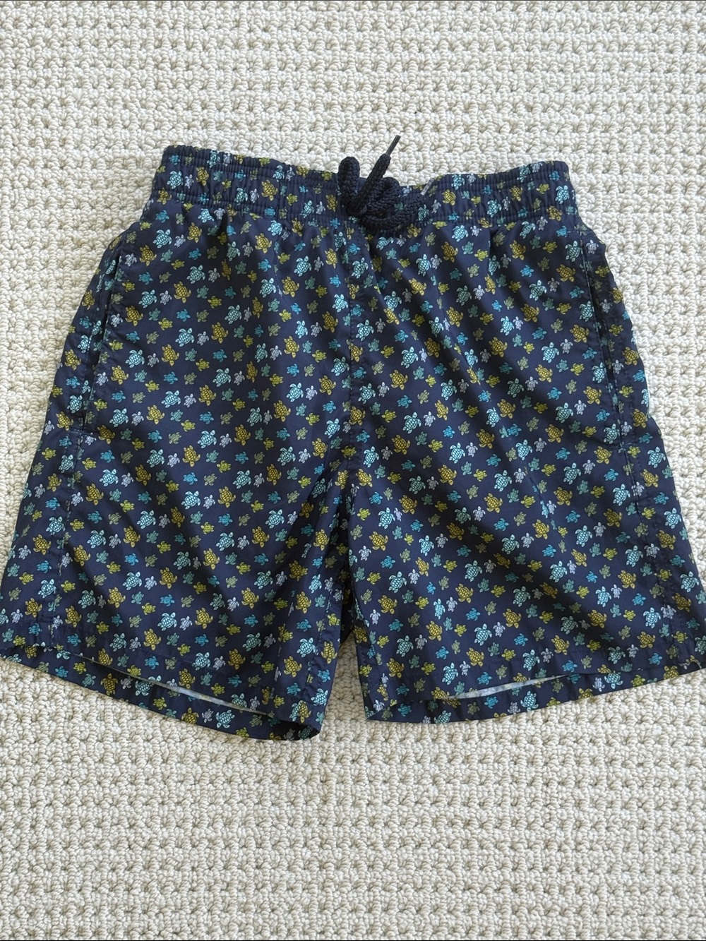 Vilebrequin Navy Swim Trunks with Blue and Green Turtle Print
